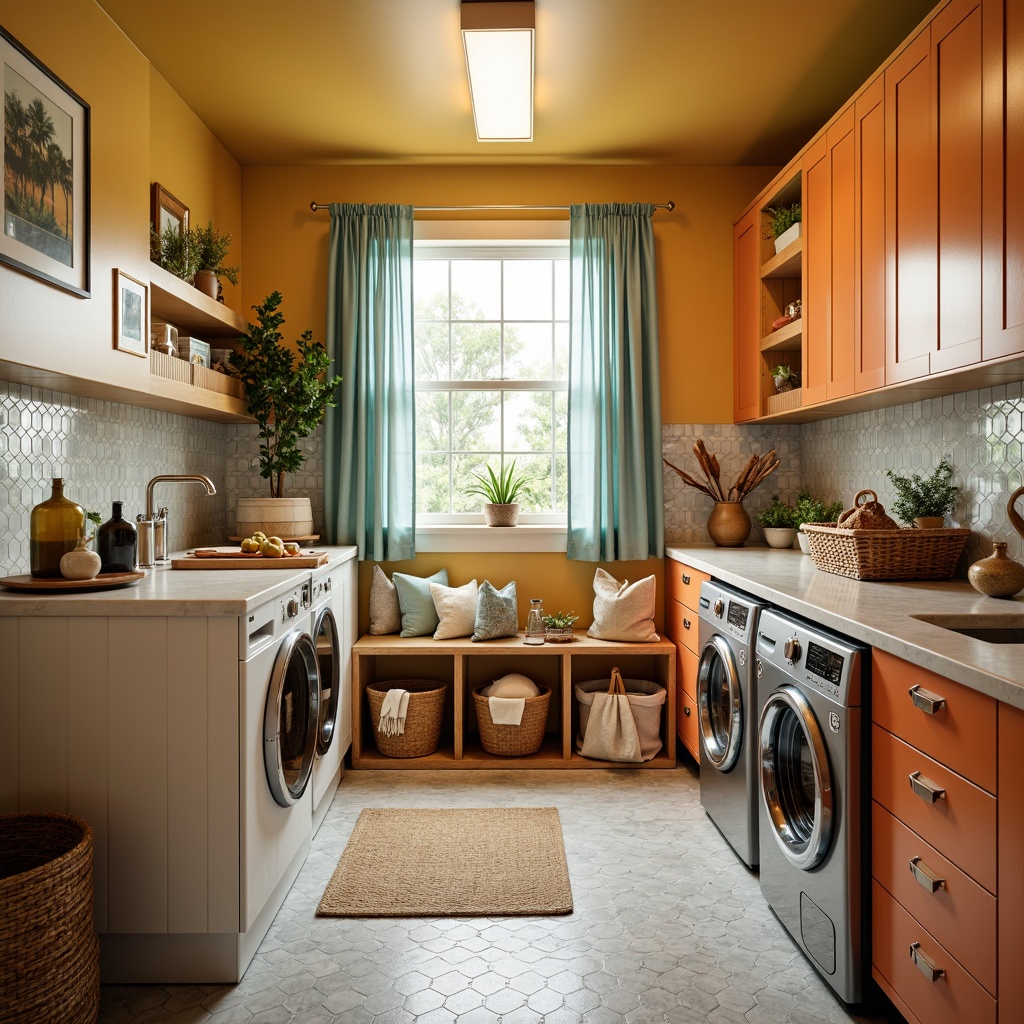 Prompt: Vibrant laundry room, mid-century modern style, retro-inspired decor, bold color schemes, geometric patterns, sleek cabinetry, stainless steel appliances, hexagonal tiles, natural stone countertops, woven baskets, cotton fabrics, linen textiles, pastel-colored curtains, minimalist lighting fixtures, soft warm illumination, shallow depth of field, 1/2 composition, realistic textures, ambient occlusion.