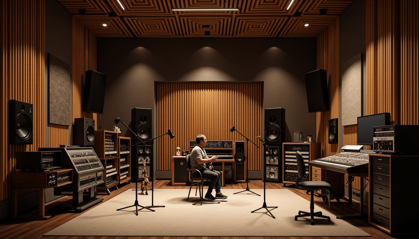 Prompt: Soundproof recording studio, dimly lit atmosphere, wood paneling, sound-absorbing materials, acoustic panels, diffusers, bass traps, microphone stands, instrument equipment, professional audio gear, soundboards, headphones, ergonomic seating, minimal reverberation, optimal frequency response, clear sonic clarity, warm ambiance, softbox lighting, 1/2 composition, shallow depth of field, realistic textures.