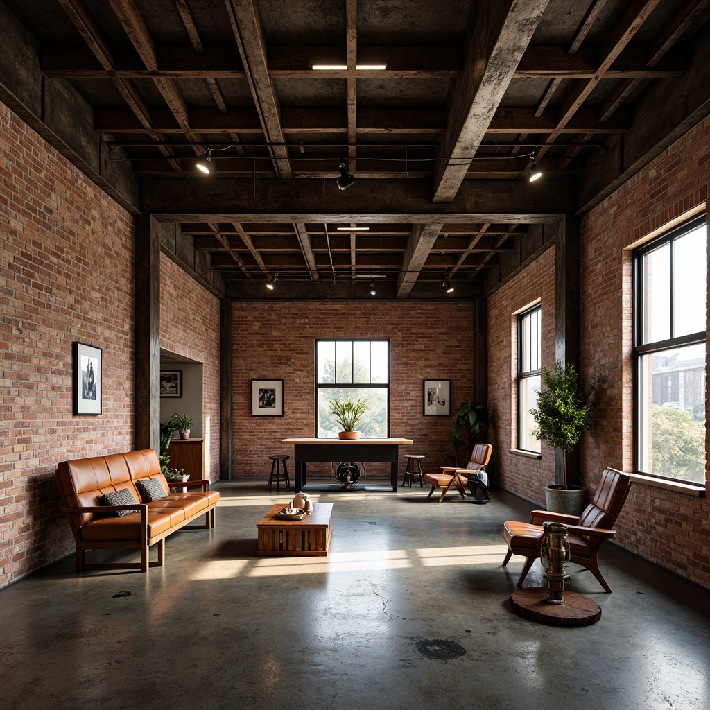 Prompt: Monastic industrial interior, exposed steel beams, rustic brick walls, polished concrete floors, minimalist decorative accents, reclaimed wood furniture, industrial-style lighting fixtures, metal grid ceilings, vintage machinery parts, distressed leather upholstery, rich brown color scheme, warm softbox lighting, shallow depth of field, 1/1 composition, realistic metallic textures, ambient occlusion.