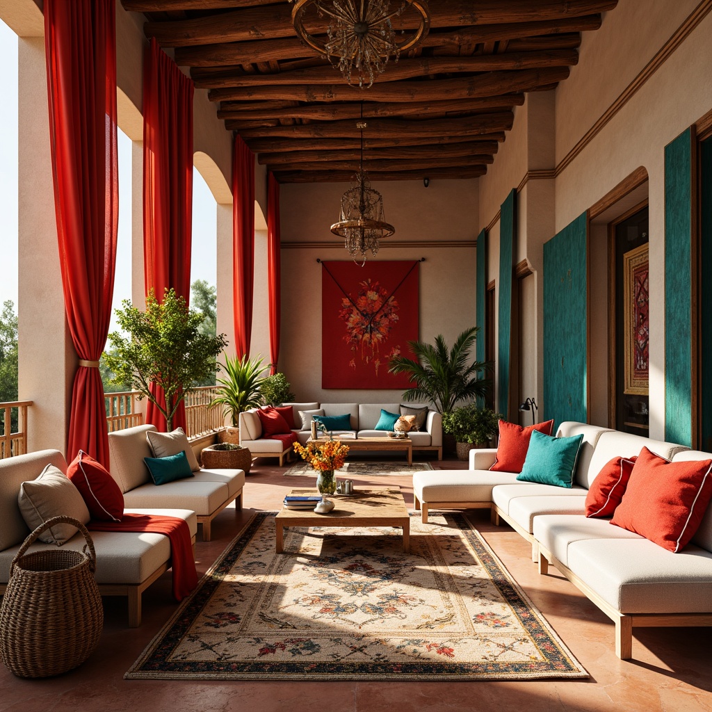 Prompt: Vibrant Mediterranean-inspired textiles, bold red and turquoise hues, natural linen fabrics, distressed wood accents, woven rattan patterns, intricate geometric motifs, luxurious velvet drapes, soft cotton upholstery, embroidered floral designs, subtle metallic sheens, warm golden lighting, shallow depth of field, 3/4 composition, panoramic view, realistic textures, ambient occlusion.