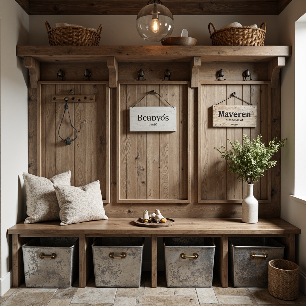 Prompt: Rustic farmhouse mudroom, reclaimed wood accents, galvanized metal storage bins, woven wicker baskets, vintage-inspired metal signs, earthy tone color palette, natural stone flooring, wooden bench seating, decorative metal hooks, hanging lantern lighting, warm soft focus, shallow depth of field, 1/2 composition, rustic textures, ambient occlusion.