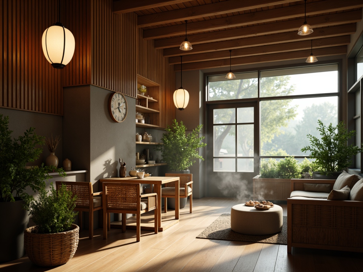 Prompt: Cozy coffee shop, warm wood accents, traditional Asian lanterns, soft diffused lighting, paper lanterns, natural textiles, woven bamboo furniture, lush green plants, tranquil atmosphere, minimal ornamentation, subtle fragrance, steaming cups, rich wood tones, gentle shadows, 1/1 composition, shallow depth of field, realistic textures, ambient occlusion.