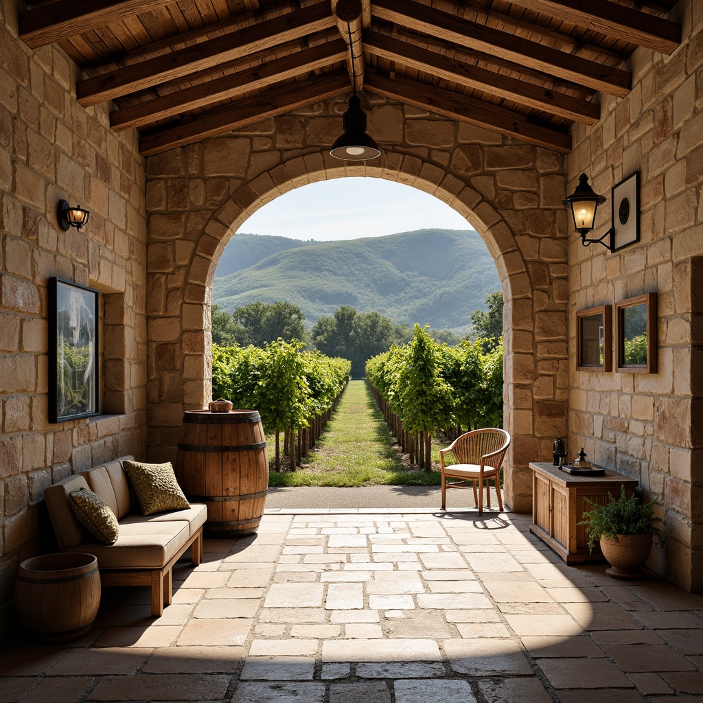 Prompt: Rustic winery building, weathered stone walls, wooden barrel accents, vintage metal decorations, earthy color palette, natural stone flooring, reclaimed wood textures, distressed wooden crates, lush green vineyards, rolling hills, sunny afternoon, warm soft lighting, shallow depth of field, 1/2 composition, realistic textures, ambient occlusion.