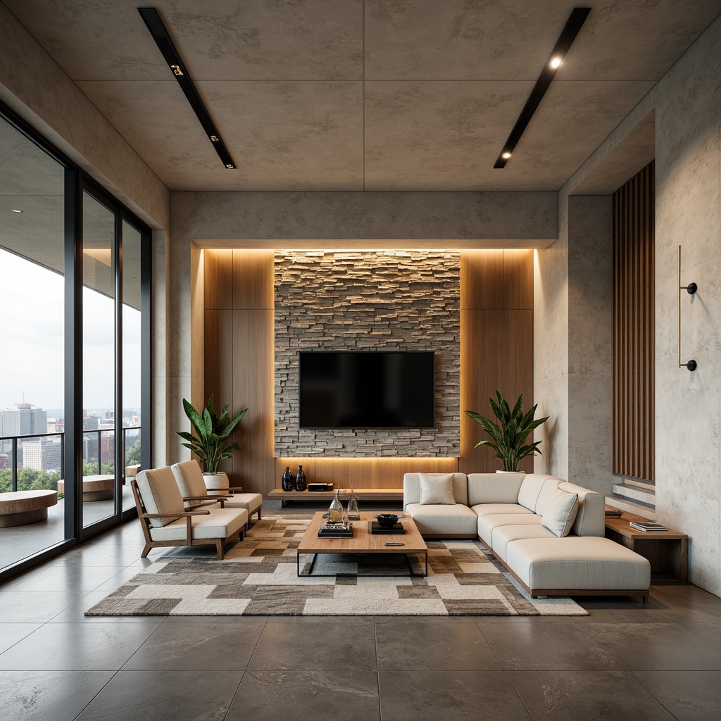 Prompt: Modern living room, accent stone wall, sleek minimalist design, neutral color palette, natural texture, LED ambient lighting, polished concrete floors, low-profile furniture, geometric patterned rug, floor-to-ceiling windows, cityscape views, warm beige tones, subtle metallic accents, industrial chic vibe, rustic-meets-luxury contrast, statement lighting fixtures, 3/4 composition, shallow depth of field, realistic textures, ambient occlusion.