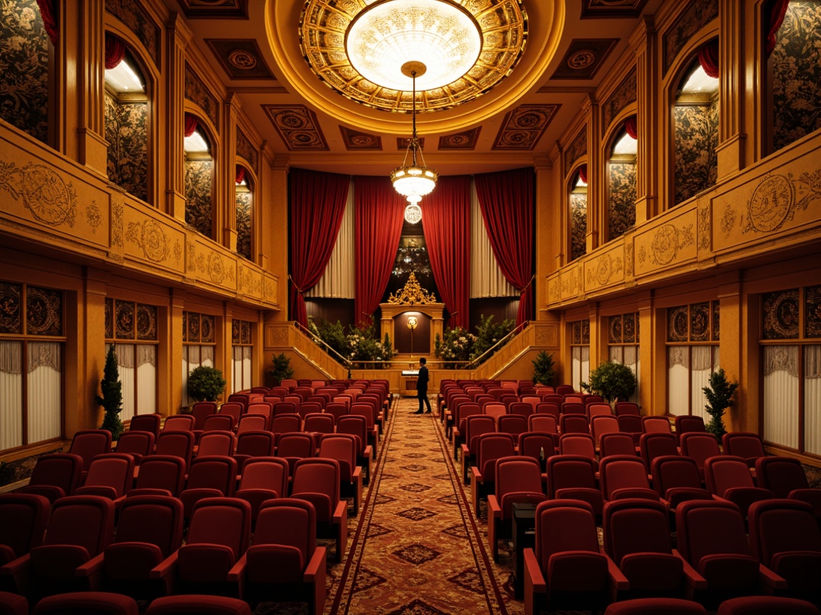 Prompt: \Ornate Art Nouveau auditorium interior, curved lines, flowing organic shapes, intricate wooden paneling, decorative moldings, ornamental plasterwork, luxurious velvet drapes, warm golden lighting, richly upholstered seats, acoustic treatment panels, sound-absorbing materials, diffusers, bass traps, geometric patterns, floral motifs, grand chandelier, lavish decorations, intimate atmosphere, shallow depth of field, 2/3 composition, soft focus, warm color palette.\