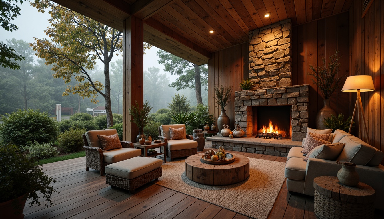 Prompt: Cozy cabin, earthy brown walls, wooden accents, natural stone fireplace, plush furnishings, soft warm lighting, misty forest surroundings, dense foliage, rustic outdoor seating, woven textiles, organic patterns, nature-inspired decor, autumnal color palette, golden hour glow, shallow depth of field, 1/1 composition, realistic textures, ambient occlusion.