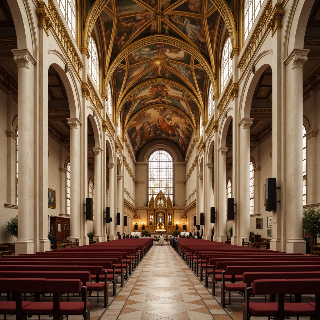 Prompt: Majestic cathedral interior, ornate gold accents, rich velvet fabrics, warm beige stone walls, elegant white marble columns, stained glass windows, intricate fresco ceiling, subtle earthy tones, muted crimson hues, soft cream lighting, dramatic chiaroscuro shading, 1/2 composition, symmetrical framing, realistic textures, ambient occlusion.