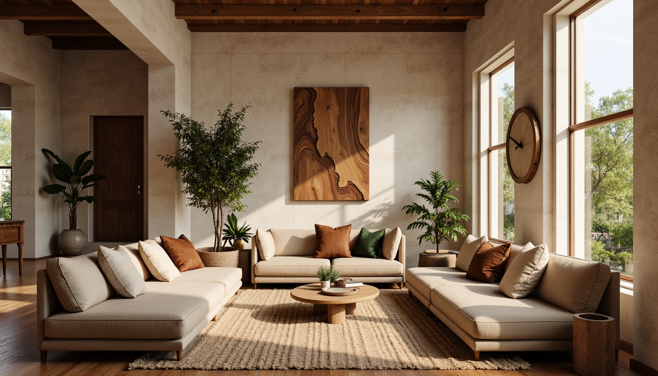 Prompt: Earthy living room, natural stone walls, reclaimed wood floors, woven jute rugs, plush velvet sofas, earth-toned throw pillows, potted greenery, wooden accents, warm beige lighting, cozy reading nooks, organic shapes, minimalist decor, natural textures, subtle patterns, calming atmosphere, soft warm glow, shallow depth of field, 1/1 composition, realistic renderings, ambient occlusion.