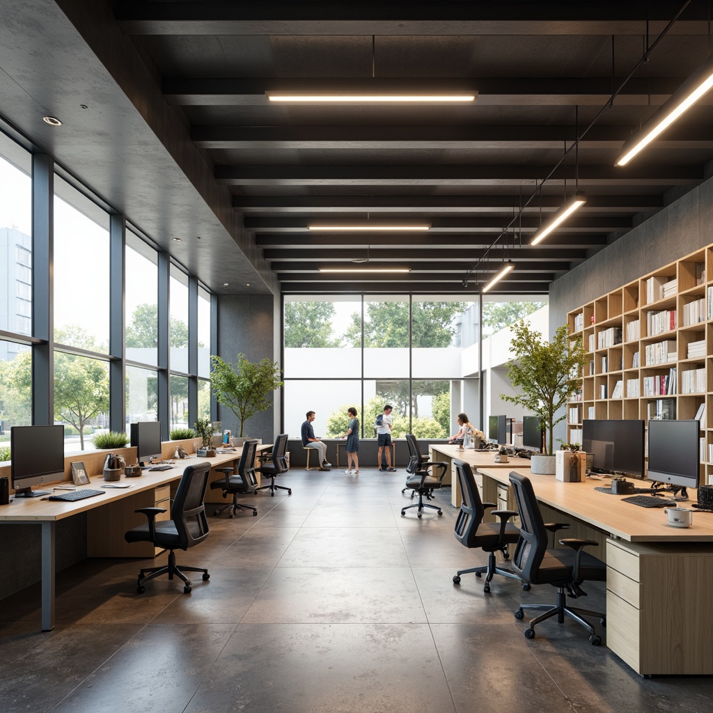 Prompt: Modern office interior, sleek minimalist design, open-plan layout, collaborative workspaces, modular furniture systems, ergonomic chairs, adjustable desks, built-in shelving units, floor-to-ceiling windows, natural light, soft warm ambiance, 3/4 composition, shallow depth of field, realistic textures, ambient occlusion.