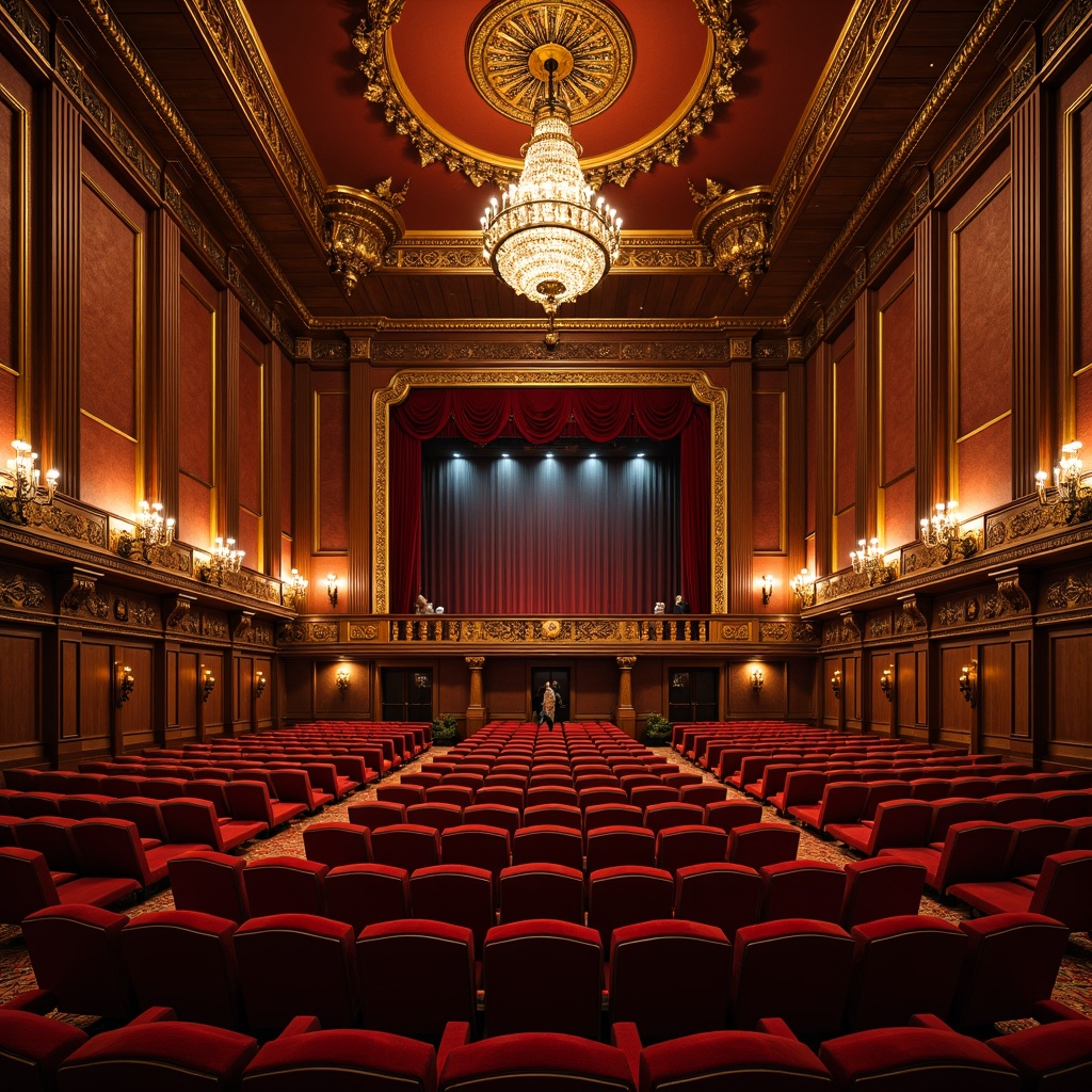 Prompt: Elegant auditorium interior, traditional architectural style, ornate chandeliers, plush red velvet seats, curved row arrangements, wooden paneling, golden accents, intricate carvings, grand stage design, heavy drapery, luxurious fabrics, warm soft lighting, dramatic spotlights, 1/1 composition, realistic textures, ambient occlusion.