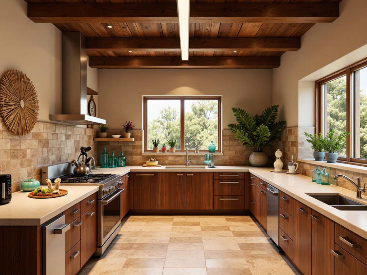 Prompt: Southwestern laboratory, warm beige countertops, rich wood cabinetry, earthy tone tiles, rustic metal accents, natural stone walls, desert-inspired color palette, vibrant turquoise glassware, modern scientific equipment, stainless steel appliances, overhead lighting, shallow depth of field, 1/1 composition, softbox lighting, realistic textures, ambient occlusion.