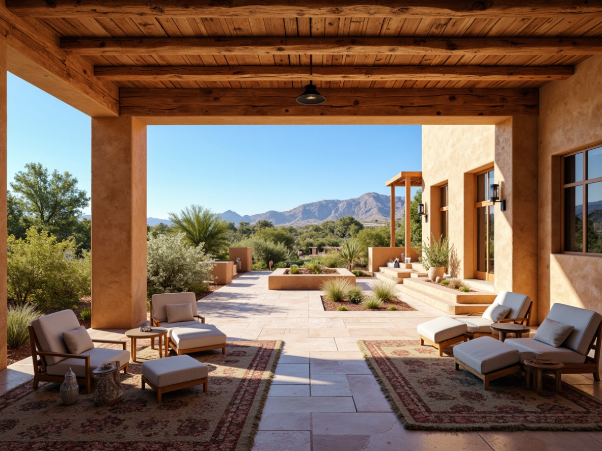 Prompt: Southwestern villa, rustic wooden accents, warm earthy tones, Saltillo tile floors, hand-scraped wooden planks, natural stone patterns, woven wool rugs, vibrant turquoise hues, sandy beige walls, adobe-inspired architecture, arid desert landscape, clear blue skies, warm sunny day, shallow depth of field, 3/4 composition, panoramic view, realistic textures, ambient occlusion.