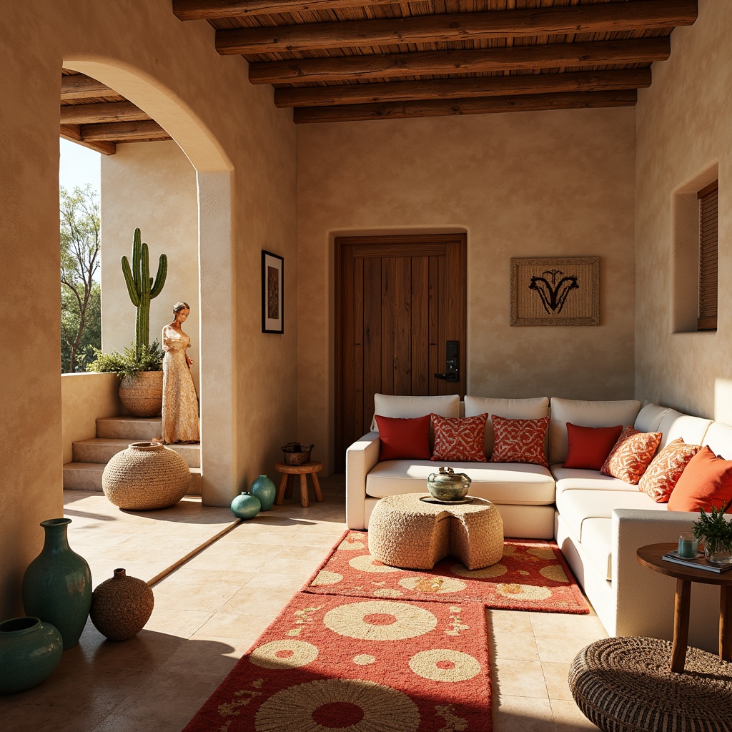 Prompt: Earthy southwestern interior, warm beige walls, rustic wooden accents, turquoise decorative pottery, vibrant red and orange hues, natural fiber textiles, woven baskets, sandy dunes-inspired flooring, desert flora patterns, sunny day lighting, soft warm glow, shallow depth of field, 1/2 composition, realistic textures, ambient occlusion.