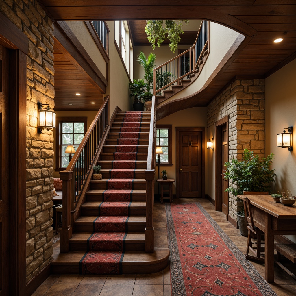 Prompt: Rustic wooden handrails, ornate metal balusters, earthy tone staircase, natural stone walls, distressed wood flooring, vintage-inspired lanterns, warm ambient lighting, cozy atmosphere, richly textured carpets, comfortable seating areas, nature-inspired color palette, soft focus photography, 1/2 composition, shallow depth of field, realistic rendering.