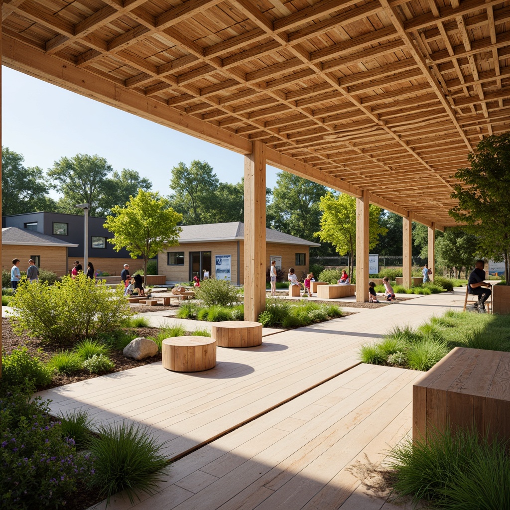 Prompt: Vibrant kindergarten, natural wood accents, recycled plastic play equipment, eco-friendly flooring, bamboo walls, green roofs, solar panels, wind turbines, rainwater harvesting systems, living walls, organic gardens, educational signage, soft warm lighting, shallow depth of field, 3/4 composition, panoramic view, realistic textures, ambient occlusion.