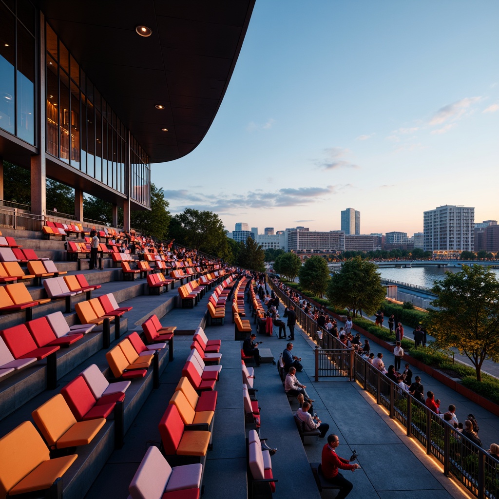 Prompt: Curved tiered seating, modern amphitheater design, sleek metal frames, vibrant colorful upholstery, ergonomic chair shapes, stepped platforms, angular lines, minimalist aesthetics, functional lighting systems, warm ambient glow, shallow depth of field, 3/4 composition, panoramic view, realistic textures, ambient occlusion, urban cityscape backdrop, bustling crowd atmosphere, evening sunset ambiance, soft warm lighting.