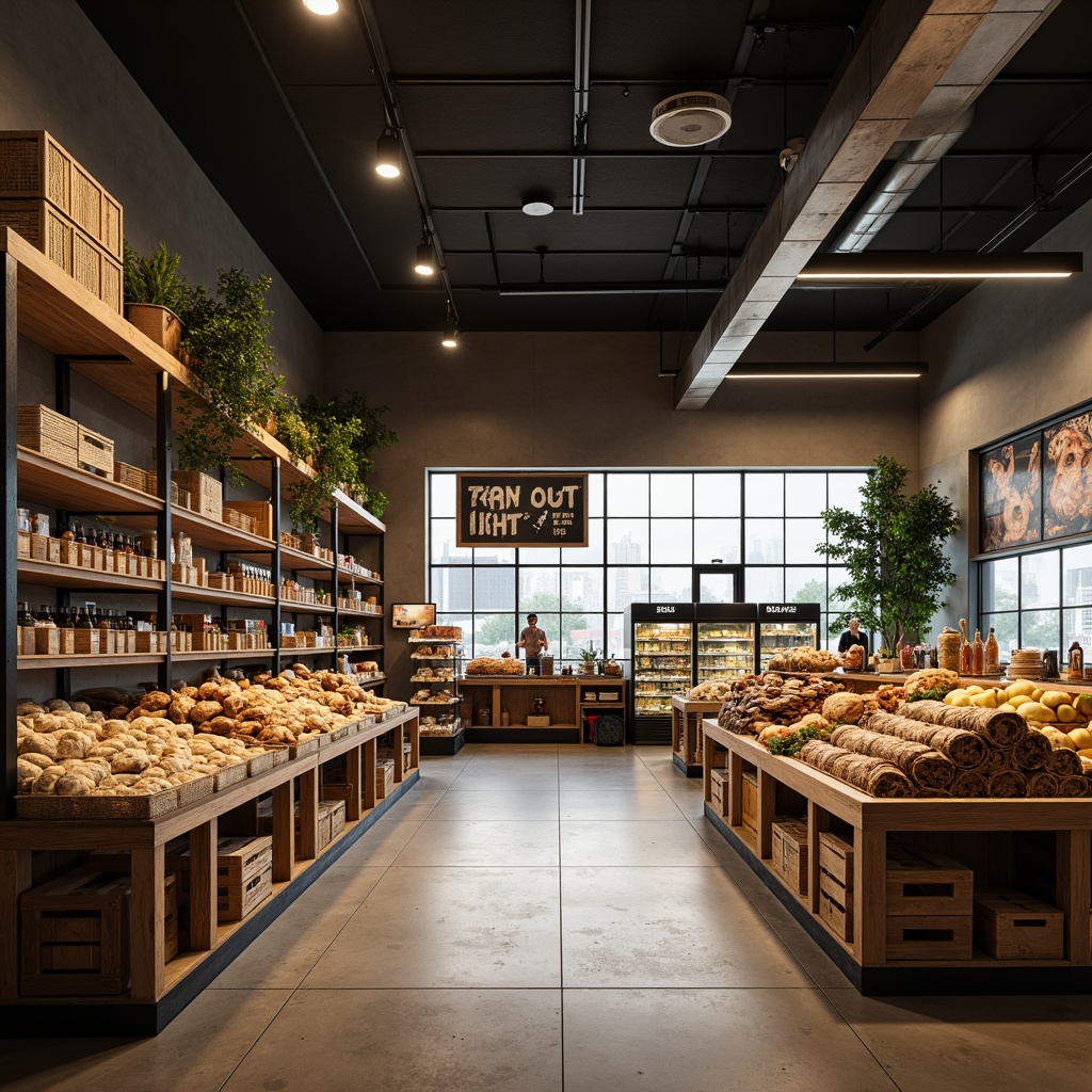 Prompt: Minimalist grocery store interior, soft warm lighting, subtle shadows, polished concrete floors, industrial metal shelving, simple wooden crates, modern refrigeration units, fresh produce displays, rustic bread racks, elegant signage, neutral color palette, softbox lights, 1/2 composition, shallow depth of field, natural textures, ambient occlusion.