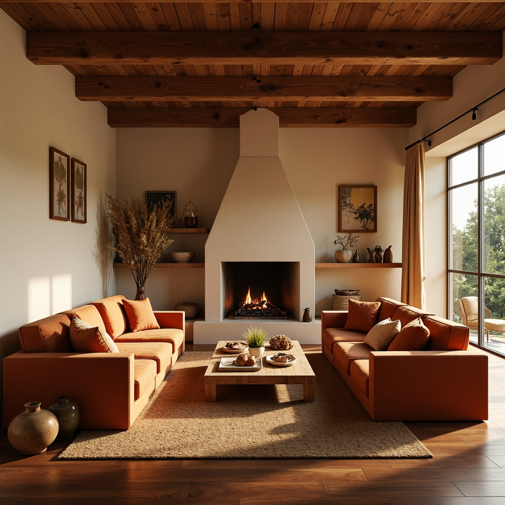 Prompt: Cozy living room, warm beige walls, rich walnut wood flooring, plush velvet sofas, soft golden lighting, crackling fireplace, autumnal orange accents, earthy terracotta pottery, woven jute rugs, natural linen upholstery, organic shapes, comfortable seating areas, rustic wooden coffee tables, warm candlelight, inviting textures, shallow depth of field, 1/1 composition, soft focus, realistic rendering.