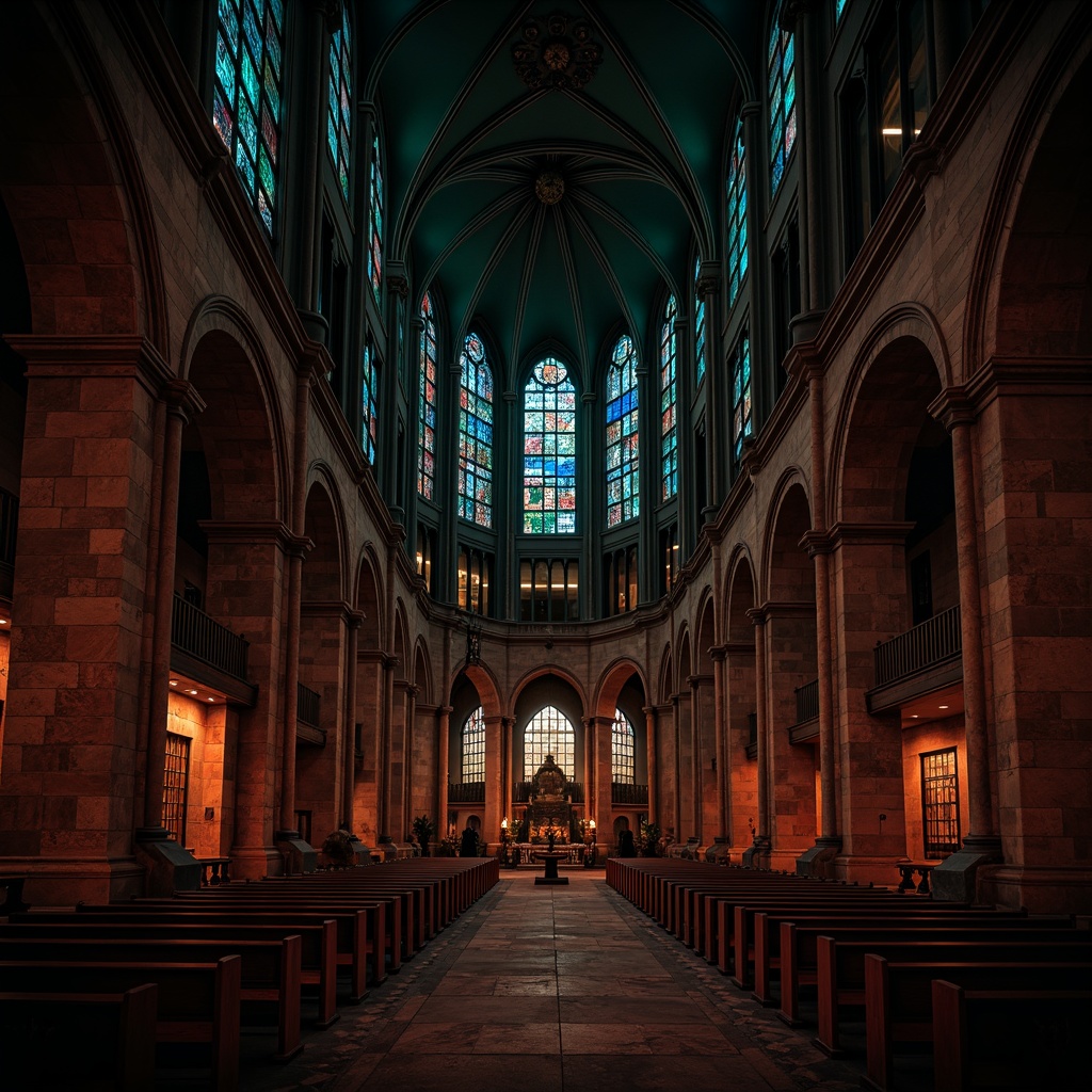 Prompt: Dark mysterious cathedral, stone walls, stained glass windows, dramatic arches, ornate carvings, mystical atmosphere, rich jewel tones, deep crimson reds, midnight blues, emerald greens, golden accents, subtle texture, intricate patterns, grandiose architecture, warm candlelight, soft misty effects, cinematic composition, 1/1 aspect ratio, high contrast lighting.