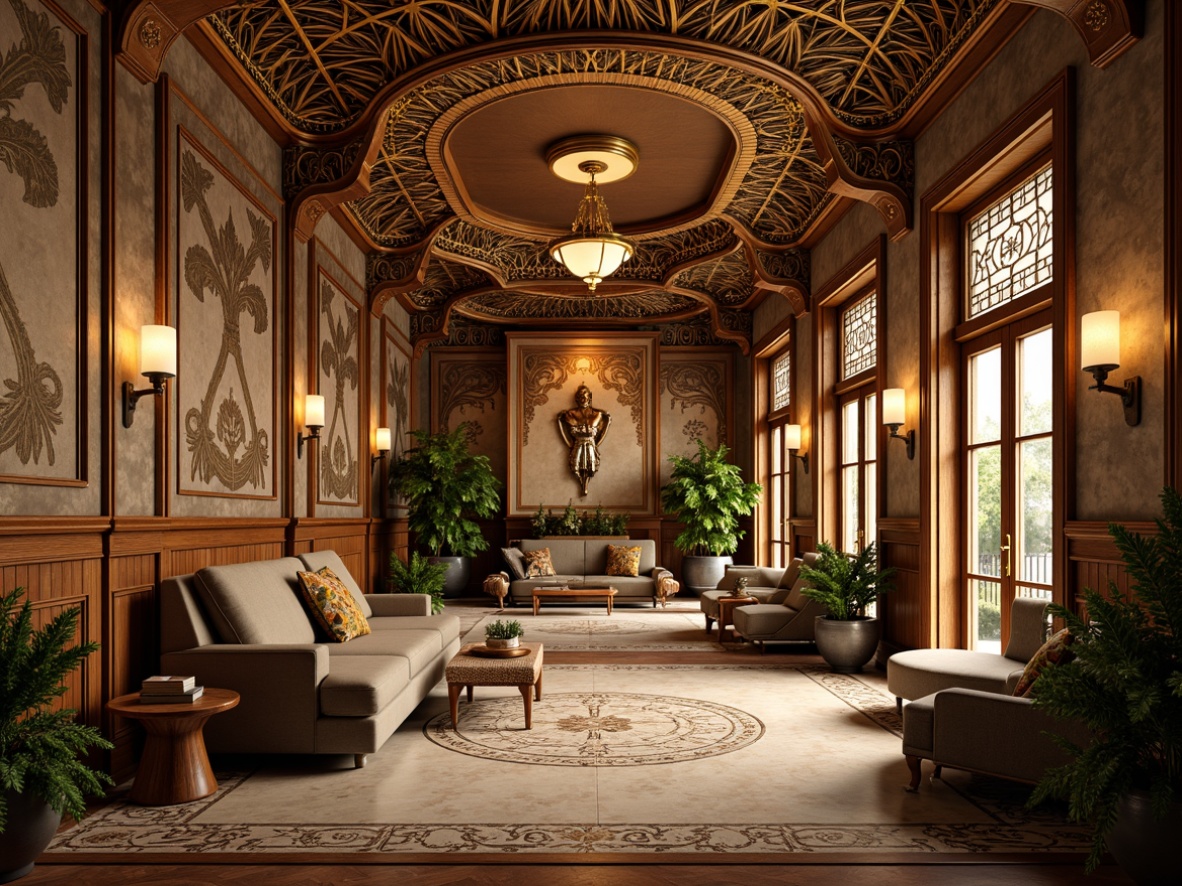 Prompt: Intricate ornate walls, Art Nouveau architecture, flowing organic patterns, sinuous lines, botanical motifs, luxurious materials, rich textures, gilded accents, metallic sheens, velvety soft furnishings, opulent marble, polished wood paneling, stained glass inlays, mosaic tilework, warm golden lighting, subtle gradient effects, highly detailed renderings, ornate moldings, sculpted reliefs, 1/2 composition, atmospheric perspective, cinematic color grading.