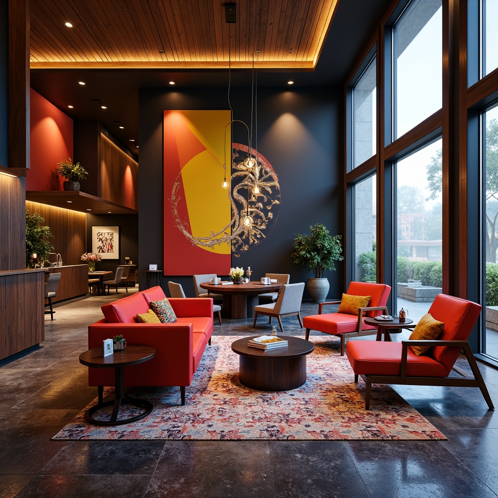 Prompt: Vibrant contemporary interior, bold color palette, contrasting textures, sleek furniture, metallic accents, ambient lighting, statement art pieces, geometric patterns, monochromatic walls, rich wood tones, luxurious fabrics, eclectic decor, modern architecture, floor-to-ceiling windows, natural light, shallow depth of field, 1/1 composition, realistic renderings, atmospheric perspective.