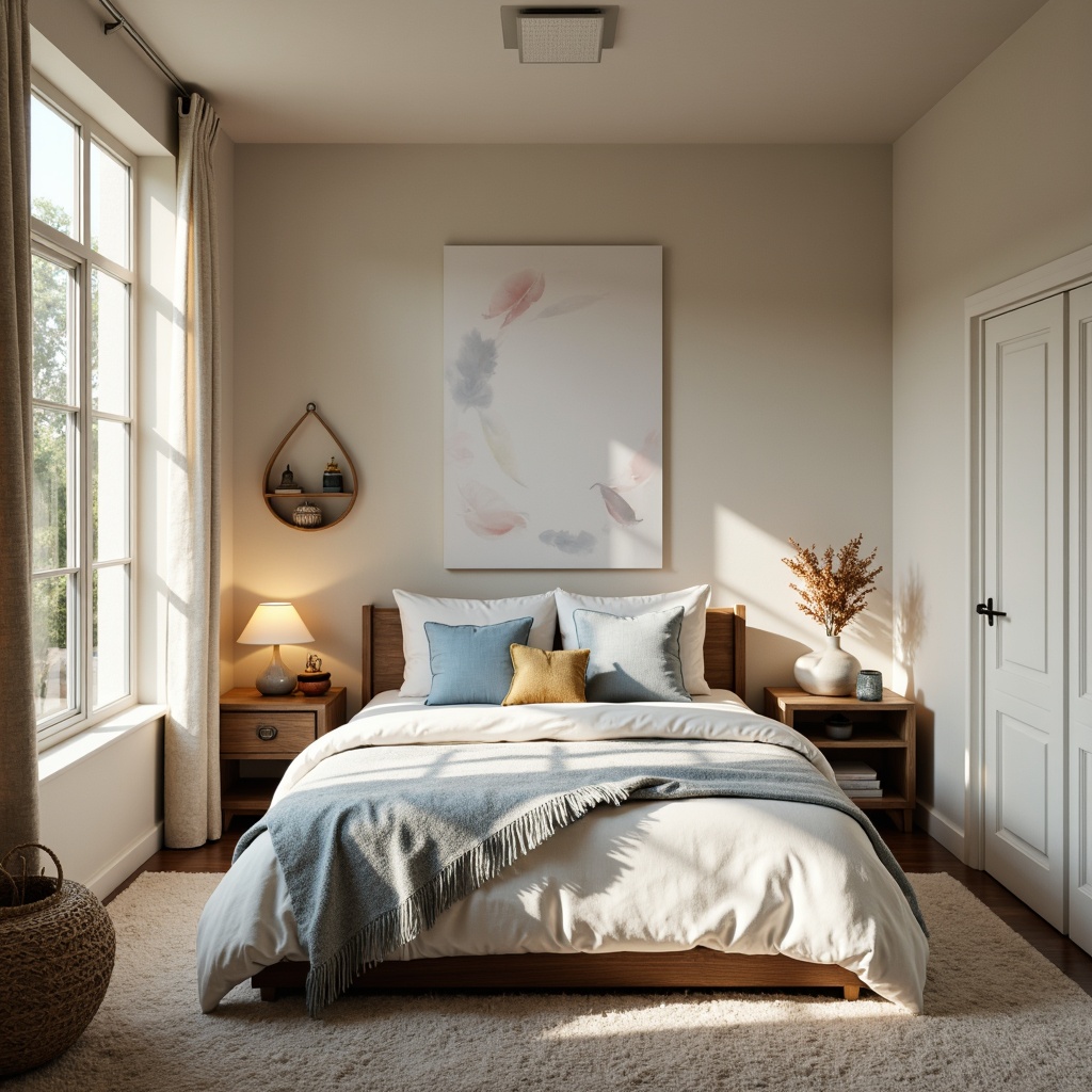 Prompt: Cozy bedroom, soft warm lighting, calming atmosphere, plush carpets, comfortable bedding, soothing color palette, pastel hues, gentle blue tones, creamy whites, earthy browns, nature-inspired accents, botanical patterns, subtle texture contrasts, minimalist decor, serene ambiance, relaxing retreat, quiet sanctuary.