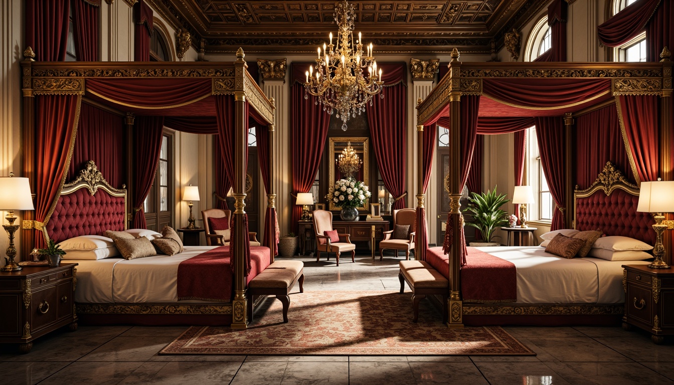 Prompt: Luxurious Renaissance interior, ornate wooden furniture, intricately carved details, rich velvet upholstery, golden accents, majestic four-poster beds, grandiose chandeliers, marble flooring, lavish drapery, opulent fabrics, Baroque-inspired patterns, regal color palette, warm candlelight, soft focus, 1/2 composition, intimate atmosphere.