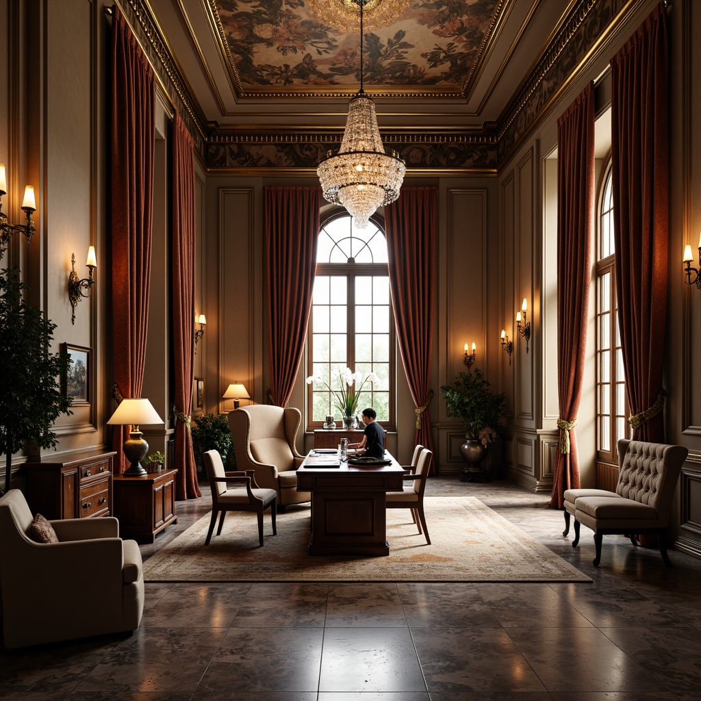 Prompt: Elegant office space, neoclassical architecture, high ceilings, ornate moldings, crystal chandeliers, bronze sconces, luxurious textiles, velvet drapes, rich wood tones, leather upholstery, polished marble floors, stylish lighting fixtures, golden accents, intricate carvings, sophisticated ambiance, soft warm glow, dramatic shadows, 1/1 composition, realistic reflections, ambient occlusion.