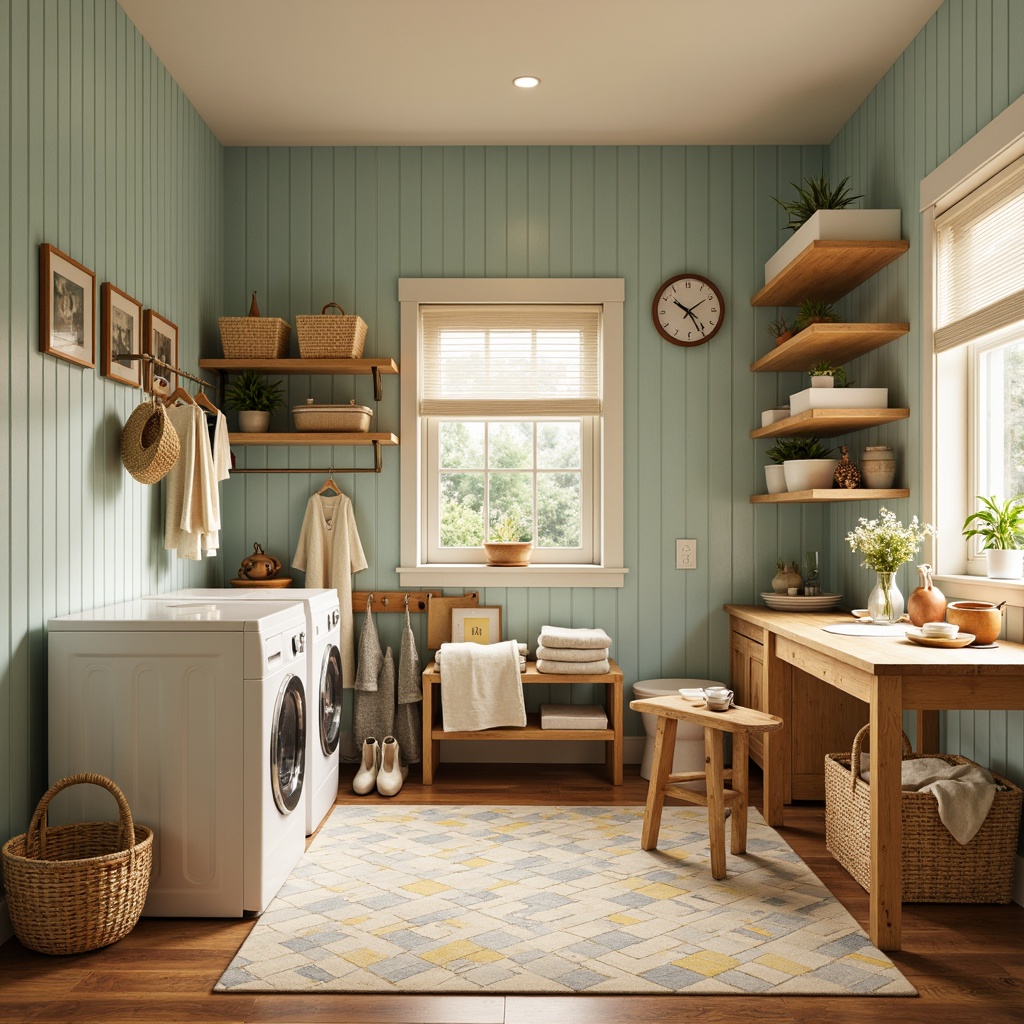 Prompt: Vibrant laundry room, mid-century modern style, wooden furniture, clean lines, minimal ornamentation, pastel color palette, retro-inspired washing machines, dryers, ironing boards, built-in shelving, hanging rods, wicker baskets, natural textiles, geometric patterns, warm lighting, 1/2 composition, soft focus, realistic render.