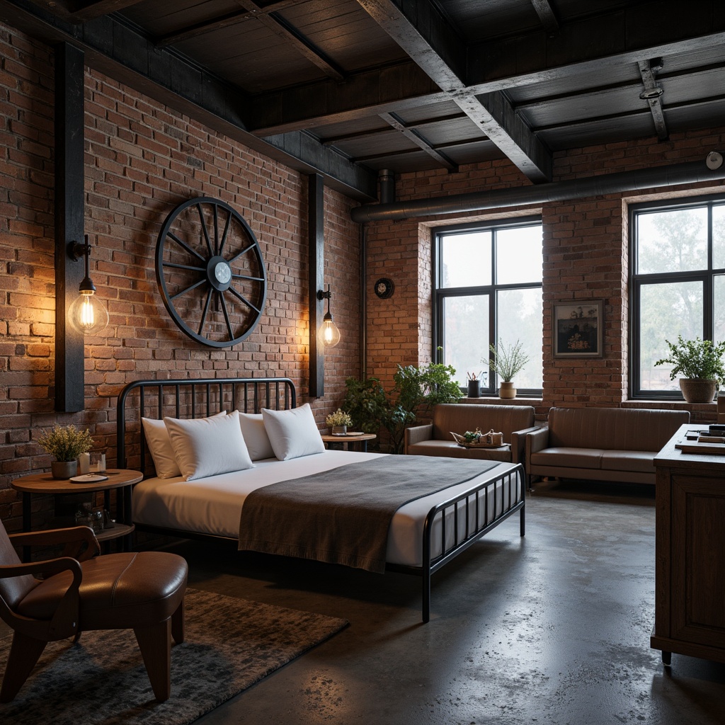 Prompt: Exposed brick walls, metal beams, reclaimed wood accents, distressed finishes, industrial chic decor, vintage factory lamps, Edison bulb lighting, metal frame beds, rustic wooden furniture, worn leather upholstery, urban loft atmosphere, moody color palette, dark grey tones, rich brown hues, exposed ductwork, concrete floors, minimalist ornamentation, functional decorative elements, industrial-style metal decorations, reclaimed wood shelving, industrial-themed wall art, atmospheric misty lighting, shallow depth of field, 3/4 composition.