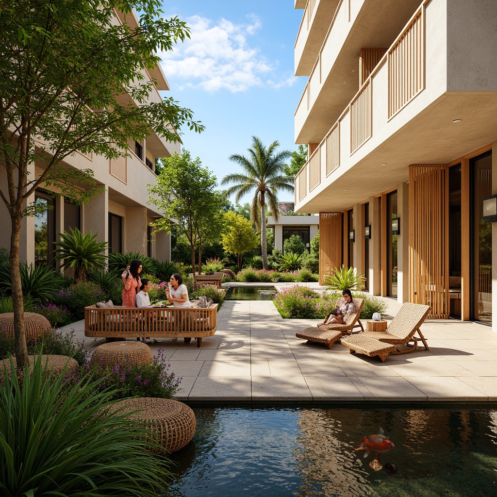 Prompt: Vibrant community center, lush tropical vegetation, palm trees, bamboo accents, colorful flowers, natural wood textures, woven rattan furniture, warm sunny day, soft diffused lighting, shallow depth of field, 3/4 composition, panoramic view, realistic rendering, ambient occlusion, open-air courtyard, flowing water features, koi ponds, stone pathways, modern minimalist architecture, large glass windows, sliding doors, airy interior spaces, eclectic decorative elements, cultural-inspired patterns, lively communal atmosphere.