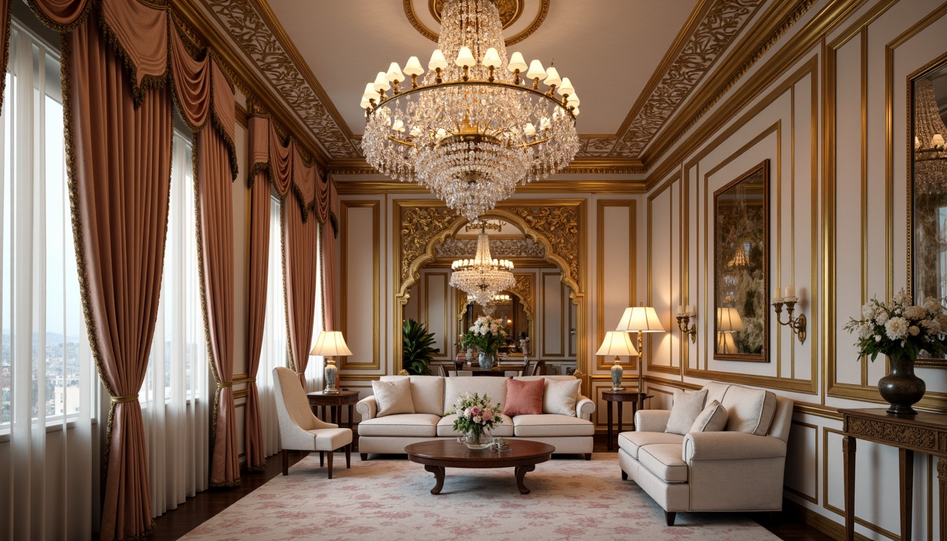 Prompt: Ornate chandeliers, crystal droplets, gilded metalwork, soft warm glow, luxurious fabrics, velvet drapes, intricately carved wooden furniture, ornamental mirrors, pastel color palette, delicate patterns, floral motifs, French neoclassicism, opulent decorative accents, lavish ceiling fixtures, grandiose crystal pendants, majestic sconces, richly textured wallcoverings, dramatic floor lamps, exquisite table lamps.