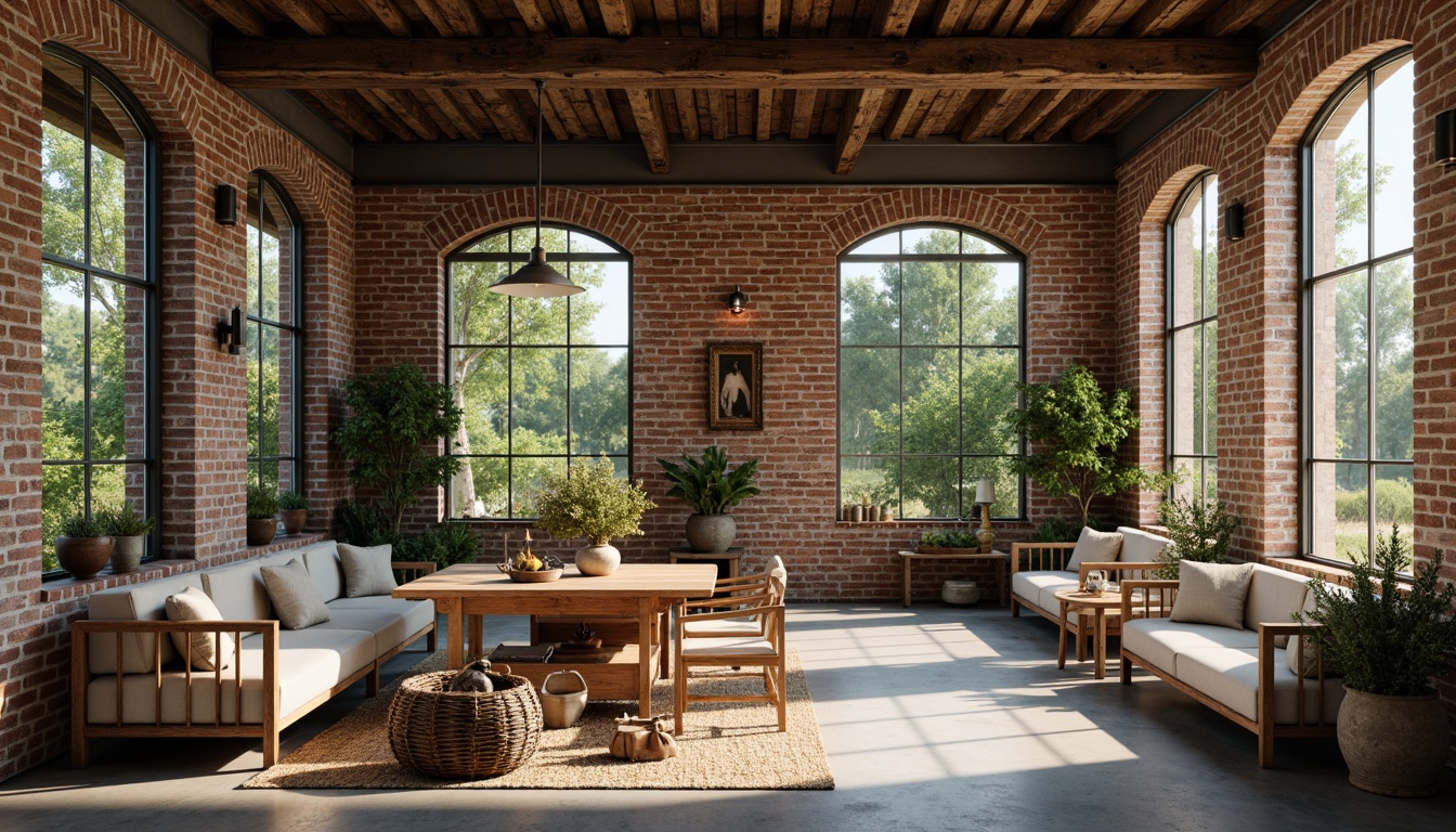 Prompt: Rustic farmhouse, exposed brick walls, reclaimed wood accents, industrial metal beams, earthy tone color palette, muted greens, weathered blues, warm neutrals, distressed finishes, vintage decor, natural textiles, woven baskets, pendant lighting, concrete floors, modern farmhouse fusion, cozy atmosphere, soft warm glow, high contrast ratio, 2/3 composition, shallow depth of field, cinematic mood.