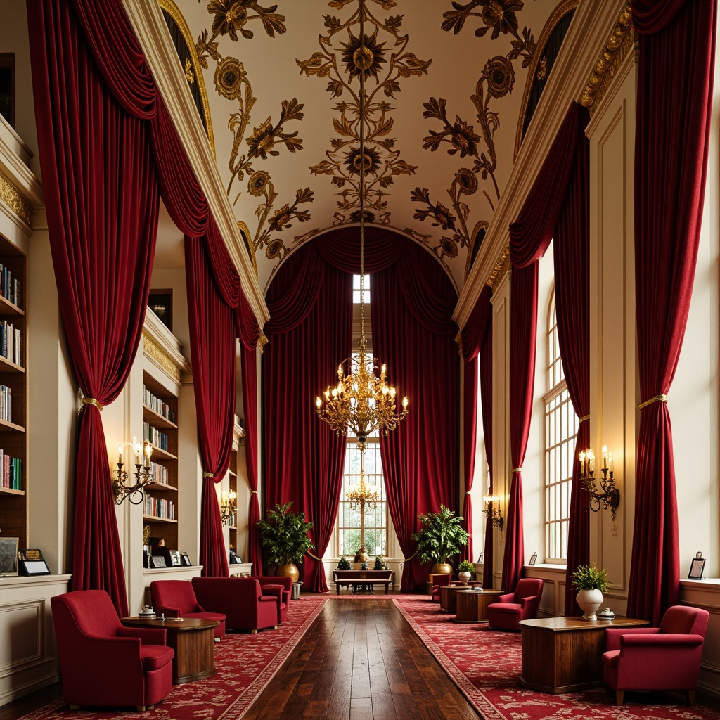 Prompt: Rich velvety red curtains, ornate golden accents, luxurious cream walls, intricate floral patterns, majestic high ceilings, grand chandeliers, soft warm lighting, subtle shadows, curved lines, organic shapes, elegant balconies, plush crimson seats, polished wooden floors, subtle scent of old books, sophisticated ambiance, 1/2 composition, atmospheric perspective, realistic reflections, detailed textures.