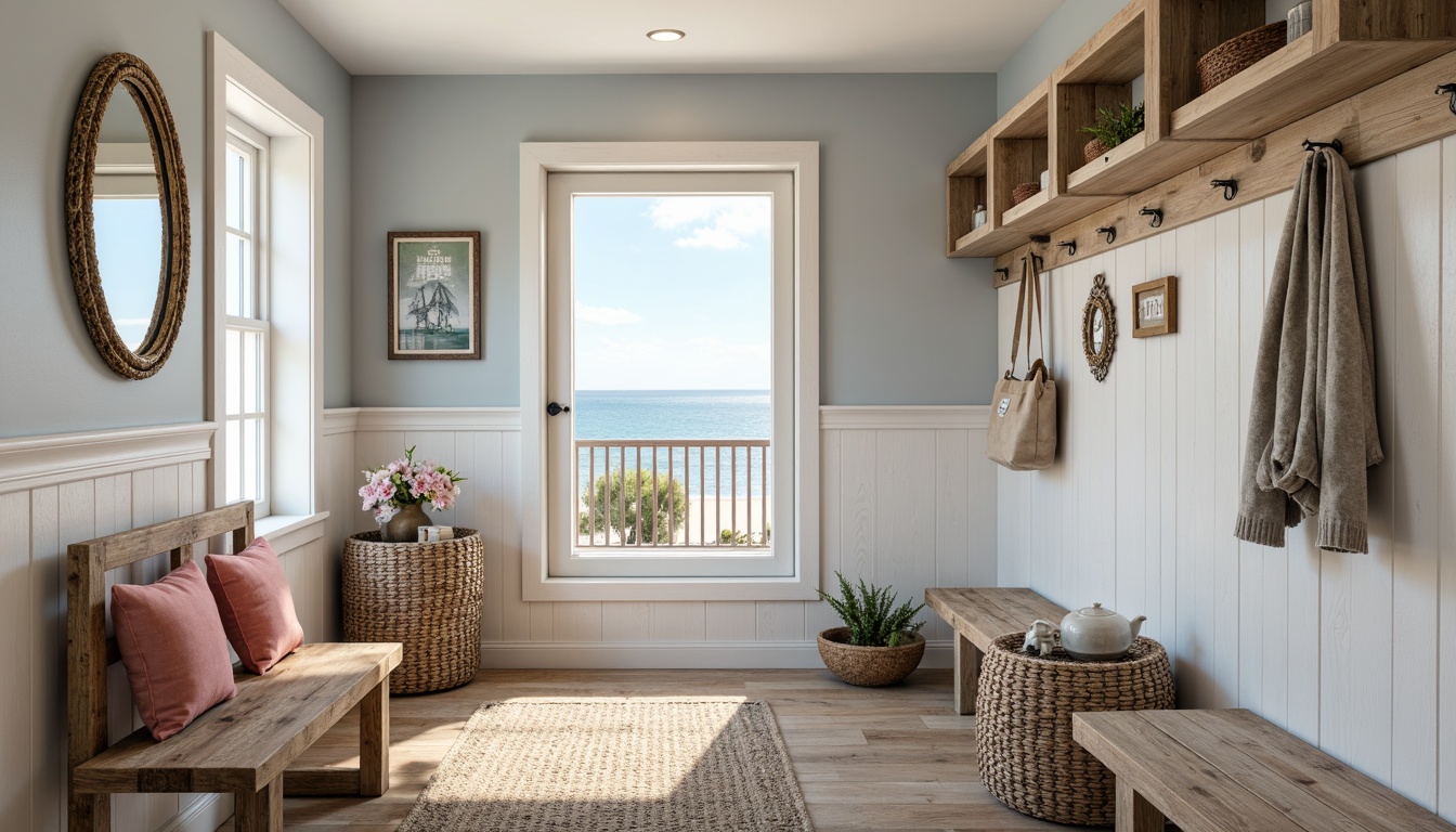 Prompt: Coastal-themed mudroom, natural driftwood accents, weathered wooden benches, woven sea grass baskets, nautical rope details, ocean-inspired color palette, calming blue hues, sandy neutrals, coral pink accents, shell-adorned mirrors, rustic metal hooks, woven jute rugs, beachy signage, distressed wood shelving, soft warm lighting, shallow depth of field, 1/1 composition, realistic textures, ambient occlusion.