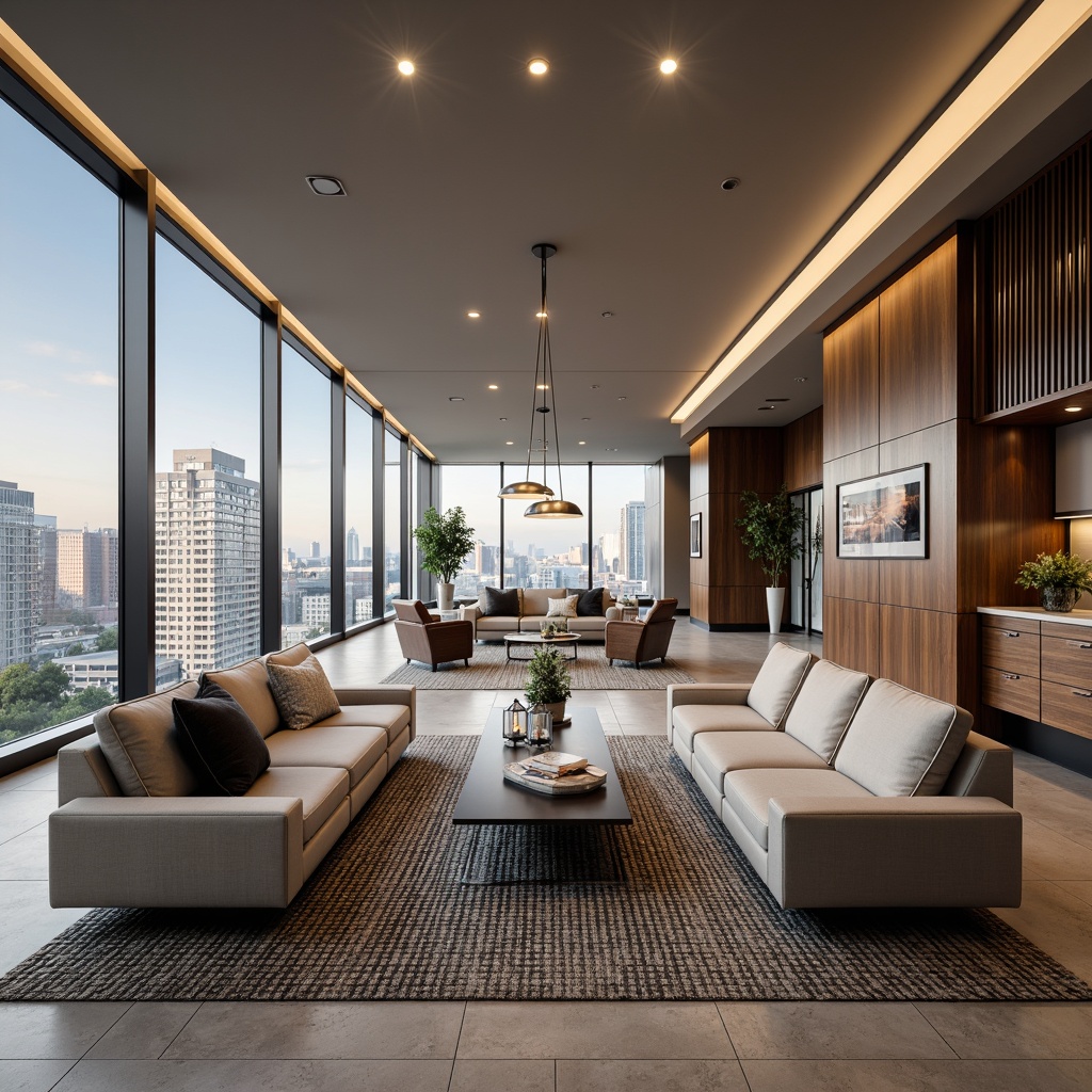 Prompt: Streamlined modern interior, low-profile sofas, sleek coffee tables, minimalist armchairs, geometric-patterned rugs, industrial-chic metal lamps, polished chrome accents, rich wood grain cabinets, floor-to-ceiling windows, urban city views, soft warm lighting, 1/1 composition, shallow depth of field, realistic textures, ambient occlusion.