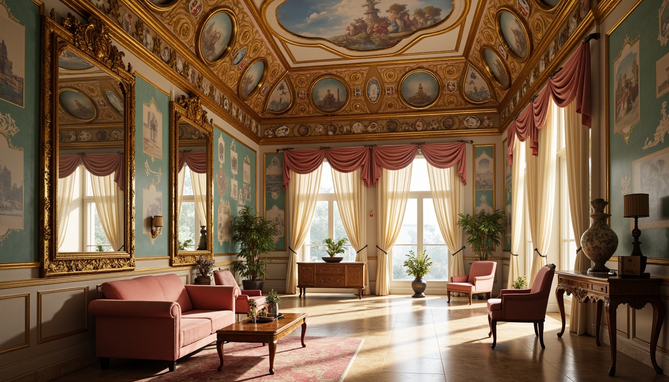 Prompt: Opulent palace interior, soft warm golden lighting, ornate mirrors, intricately carved wooden furniture, velvet upholstery, rich jewel-toned colors, creamy whites, pale pinks, lavish turquoises, majestic blues, gilded accents, delicate porcelain vases, intricate fresco ceilings, Baroque-inspired patterns, luxurious fabrics, subtle sheen textures, warm beige marble floors, ornate crystal chandeliers, romantic soft focus, 1/2 composition, elegant curves, refined details.