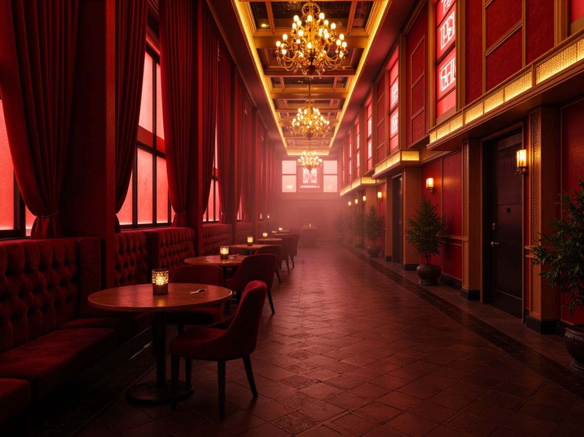 Prompt: Rich velvet drapes, luxurious golden accents, deep crimson red walls, dimly lit corridors, ornate chandeliers, Art Deco patterns, bold black outlines, neon signage, atmospheric fog, warm golden lighting, cinematic lens flares, shallow depth of field, 2/3 composition, dramatic shadows, high contrast ratios, film noir inspiration.