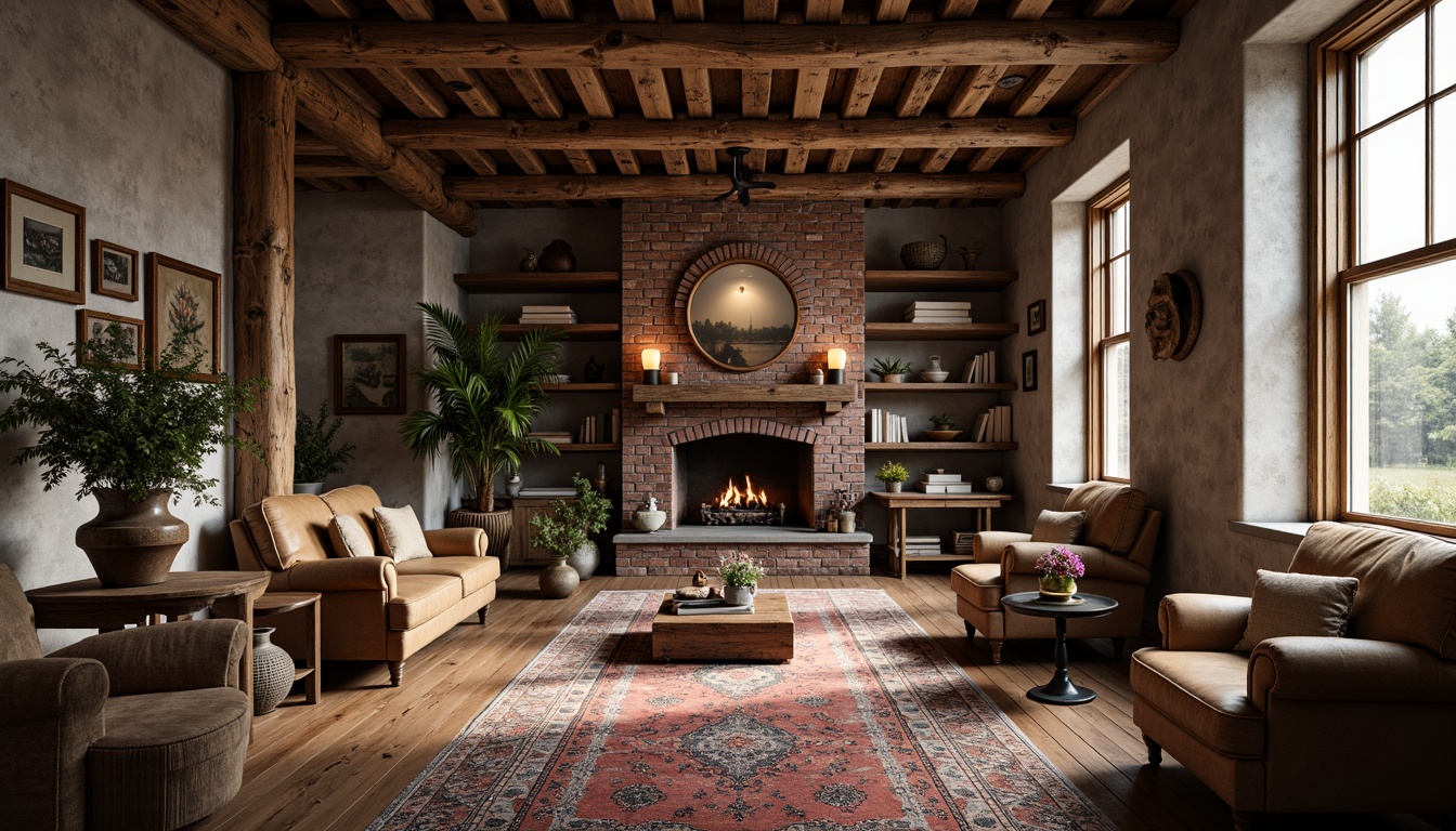 Prompt: Rustic wood accents, distressed textures, vintage hardware, earthy color palette, natural stone fireplaces, wooden beam ceilings, exposed brick walls, plush area rugs, rich leather upholstery, ornate metal fixtures, classic traditional furnishings, warm ambient lighting, soft focus photography, shallow depth of field, 1/1 composition, realistic renderings, ambient occlusion.