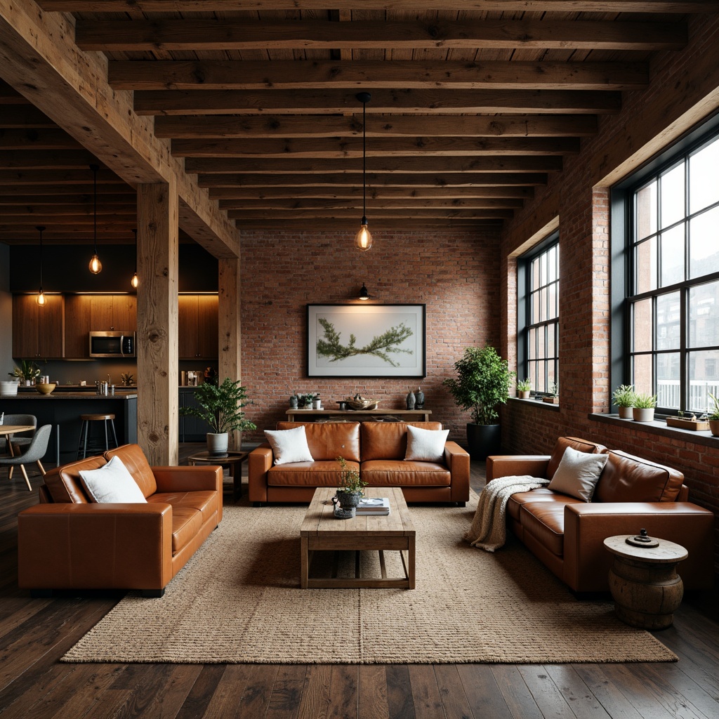 Prompt: Rustic loft interior, wooden beams, exposed brick walls, industrial metal accents, reclaimed wood furniture, vintage craftsmanship, distressed leather sofas, worn wooden coffee tables, metal Edison lamps, pendant light fixtures, natural woven textiles, earthy color palette, warm cozy atmosphere, shallow depth of field, 1/1 composition, realistic textures, ambient occlusion.