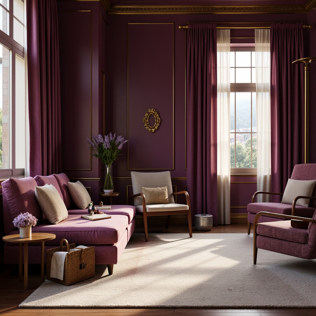 Prompt: Rich plum walls, luxurious velvet fabrics, golden accents, soft cream furnishings, warm beige carpets, delicate lavender flowers, subtle silver lighting, gentle morning mist, shallow depth of field, 1/1 composition, intimate portrait view, realistic textures, ambient occlusion.