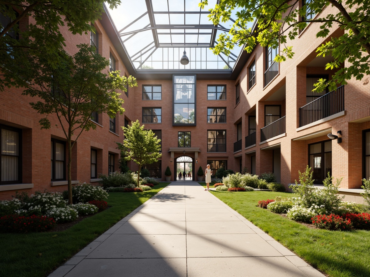 Prompt: Elegant university campus, historic brick buildings, grand entrance gates, lush green lawns, mature trees, natural stone walkways, ornate fountains, vibrant flower beds, stained glass windows, high ceilings, wooden paneling, comfortable reading nooks, soft warm lighting, large skylights, clerestory windows, indirect sunlight, 1/1 composition, shallow depth of field, realistic textures, ambient occlusion.