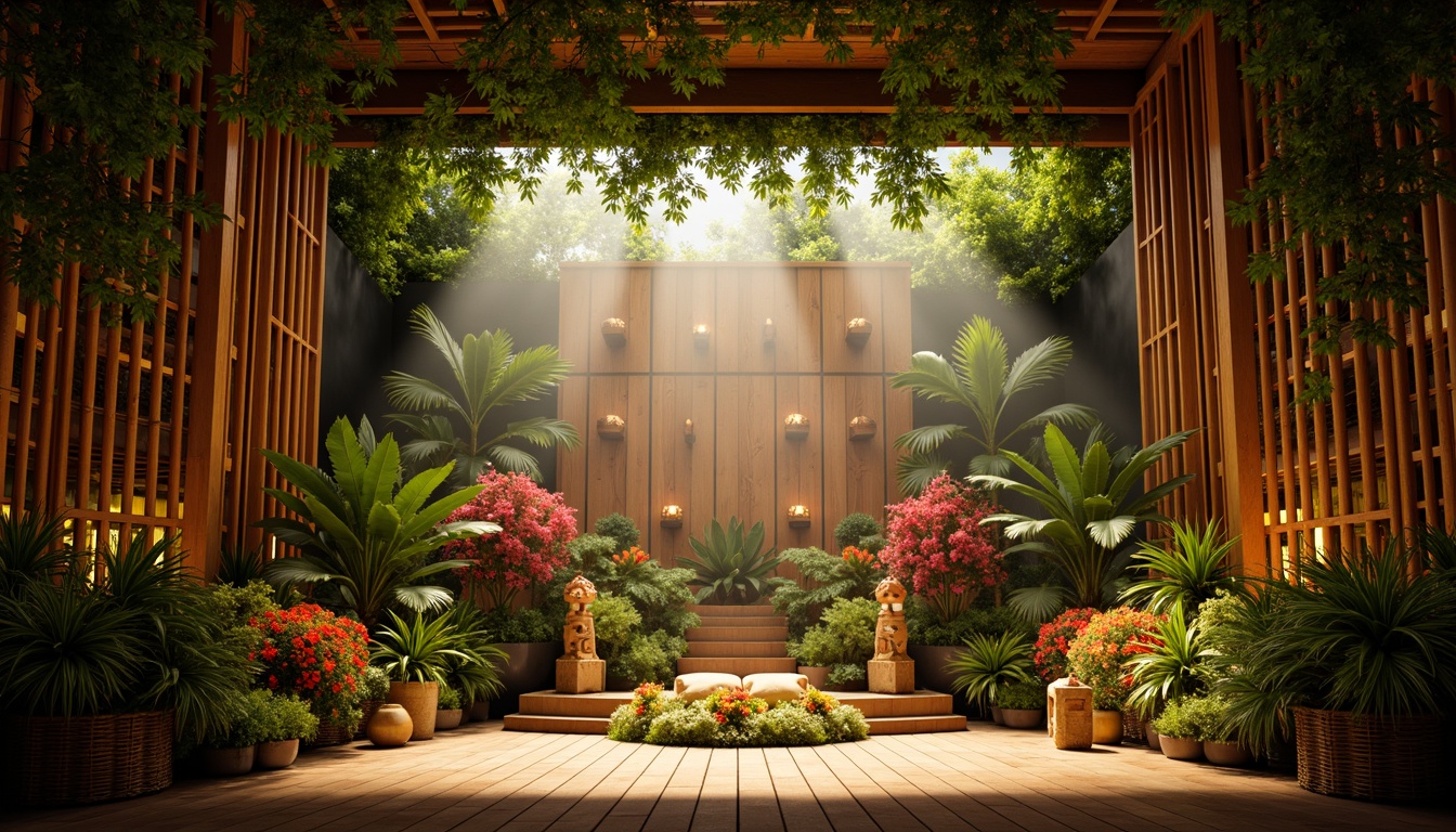 Prompt: Vibrant tropical stage set, lush greenery, exotic flowers, palm trees, natural wood tones, woven bamboo accents, colorful tiki torches, abstract tribal patterns, warm golden lighting, soft misty atmosphere, shallow depth of field, 3/4 composition, cinematic angles, realistic textures, ambient occlusion, dynamic spotlights, rich velvet curtains, ornate gold details, plush audience seating.