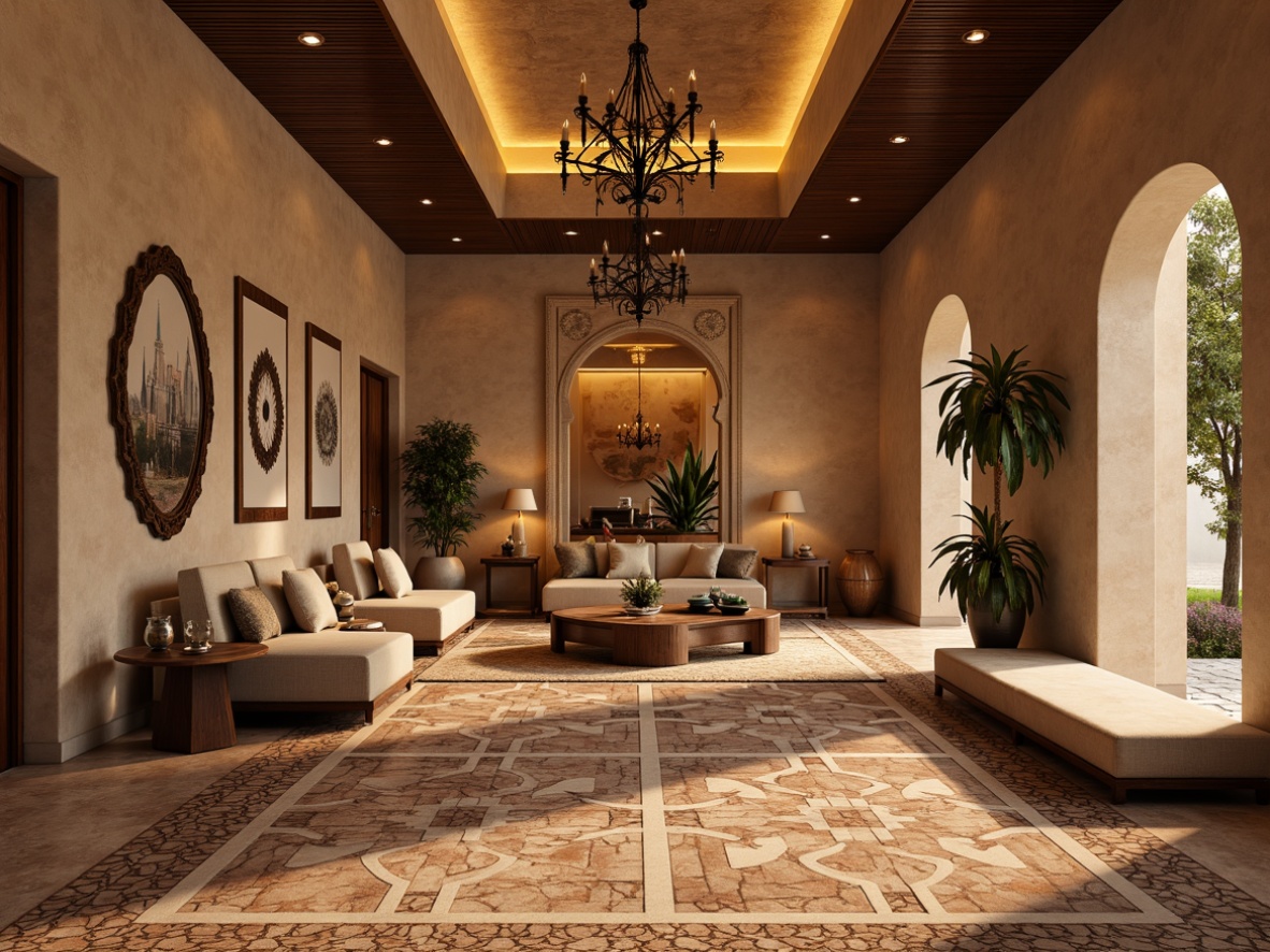 Prompt: Moroccan-inspired interior, textured ceramic tiles, warm earthy tones, geometric patterns, ornate borders, luxurious ambiance, soft golden lighting, modern furniture designs, sleek wooden accents, plush area rugs, lavish decorative fixtures, warm beige walls, elegant archways, sophisticated color palette, 1/1 composition, shallow depth of field, realistic textures, ambient occlusion.