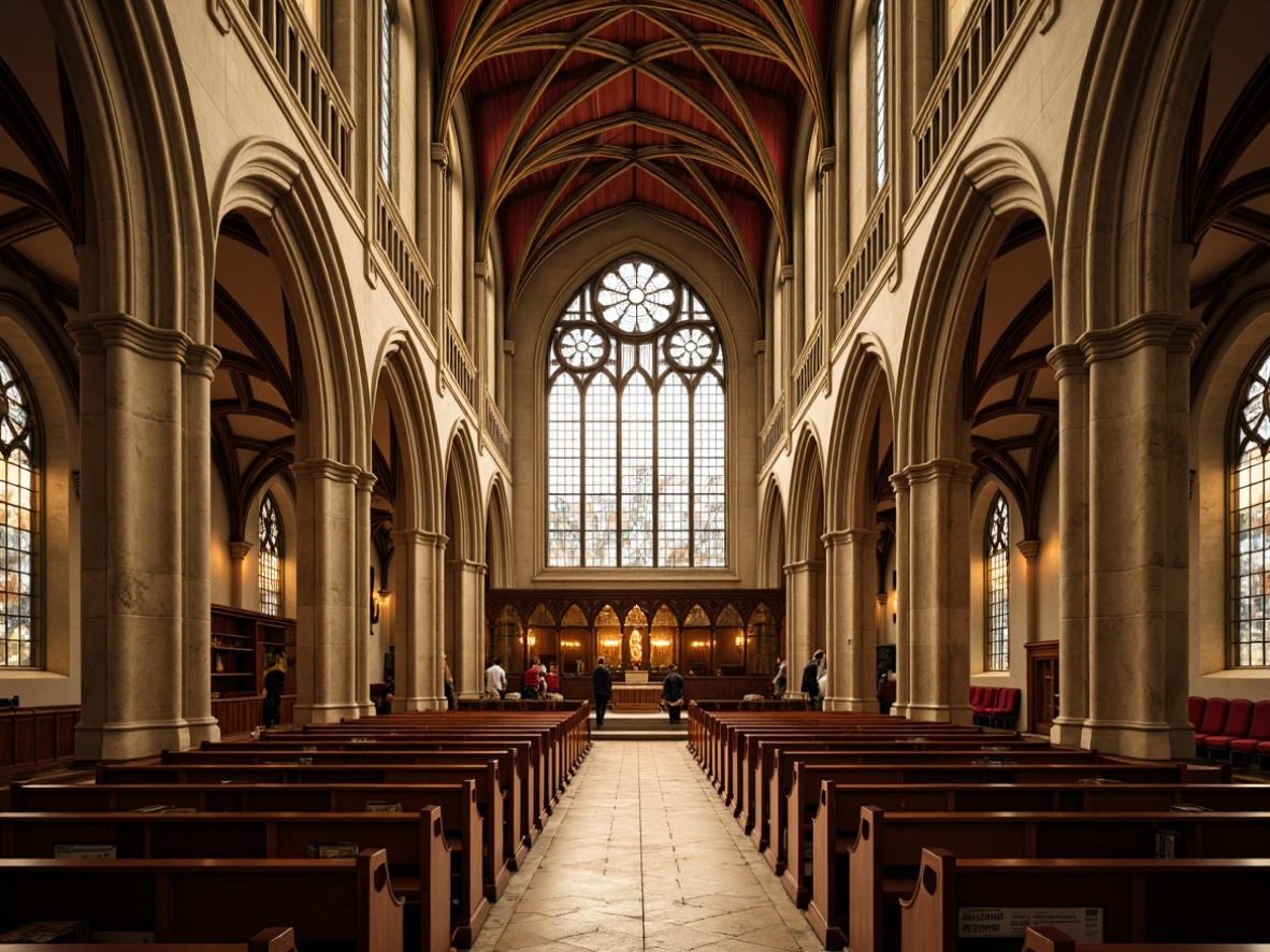 Prompt: Elegant gothic cathedral, intricate stone carvings, stunning stained glass windows, vaulted ceilings, ornate wooden pews, rich velvet drapes, subtle acoustic panels, sound-absorbing materials, nuanced texture contrasts, warm golden lighting, dramatic shadow play, 1/2 composition, high-angle shot, realistic reflections, ambient occlusion.