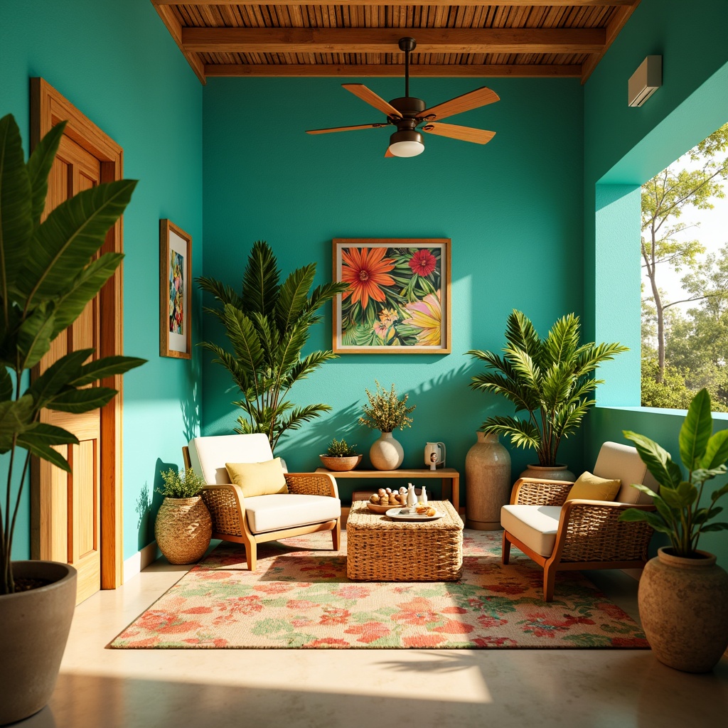 Prompt: Vibrant tropical storage room, bright turquoise walls, warm beige flooring, lush greenery, exotic palm trees, colorful floral patterns, woven rattan furniture, natural jute textiles, rustic wooden accents, sunny yellow highlights, soft creamy whites, coral pink hues, ocean-inspired blues, refreshing mint greens, warm golden lighting, shallow depth of field, 1/1 composition, realistic textures, ambient occlusion.