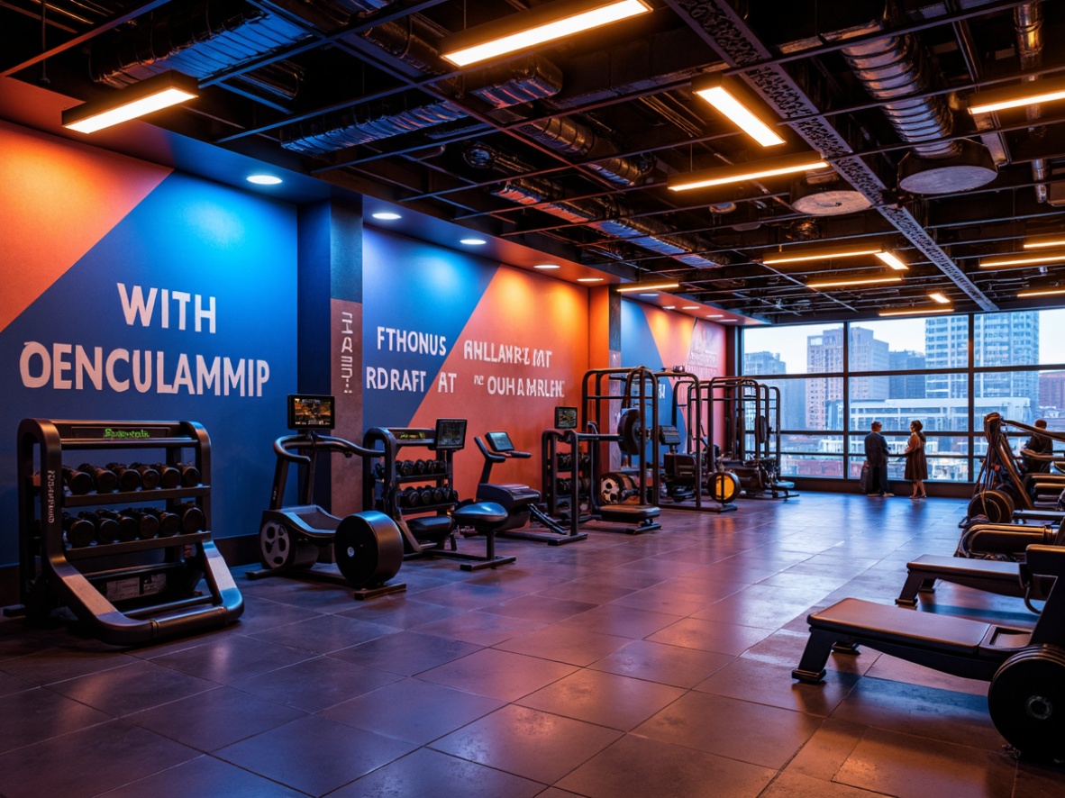 Prompt: Vibrant fitness center, bold industrial accents, metallic equipment, motivational quotes, sleek flooring, neon-lit walls, dynamic color scheme, energetic atmosphere, high-contrast lighting, deep blues, fiery oranges, electric yellows, dark grays, abstract geometric patterns, modern typography, urban cityscape, morning sunlight, shallow depth of field, 2/3 composition, cinematic rendering, realistic textures.