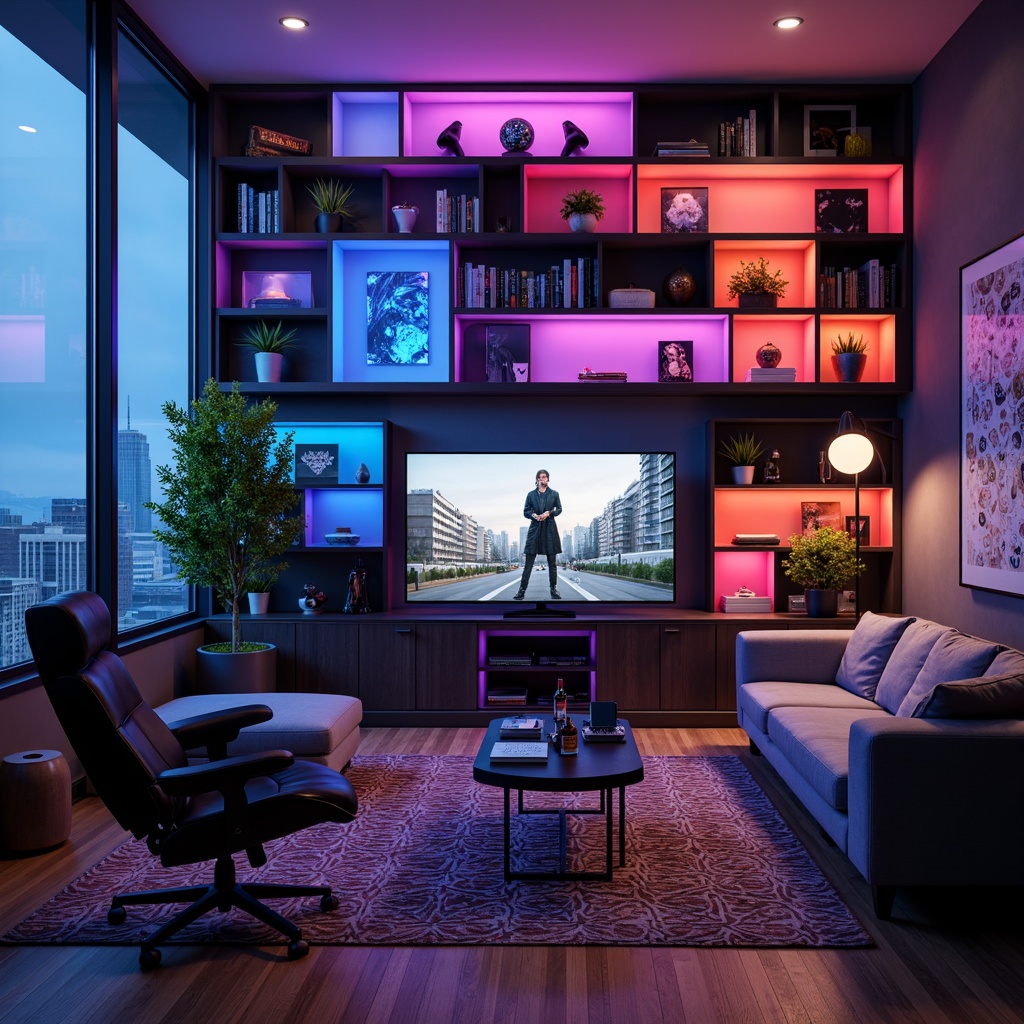 Prompt: Cozy game room, futuristic console tables, sleek gaming chairs, neon-lit shelves, vibrant color accents, ambient LED lighting, surround sound systems, immersive VR experiences, minimalist decor, modern abstract artwork, geometric-patterned rugs, comfortable couches, warm wood flooring, floor-to-ceiling windows, cityscape views, softbox lighting, shallow depth of field, 2/3 composition, cinematic camera angles, realistic textures, subtle animations.