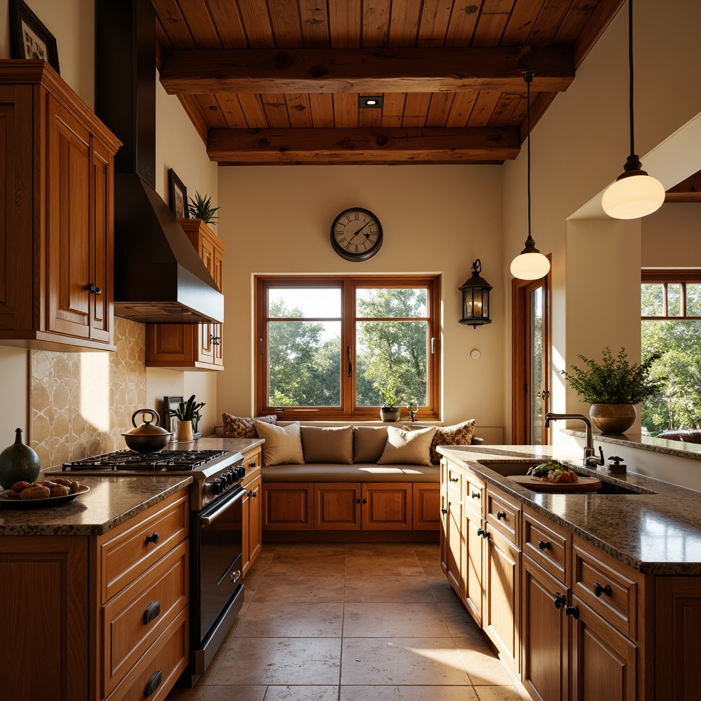 Prompt: Warm traditional kitchen, rustic wooden cabinets, ornate metal hardware, granite countertops, vintage-style lighting fixtures, soft warm glow, pendant lamps, recessed ceiling lights, under-cabinet lighting, LED strip lights, warm beige walls, natural stone floors, wooden beams, cozy breakfast nook, sunny morning light, shallow depth of field, 1/1 composition, realistic textures, ambient occlusion.