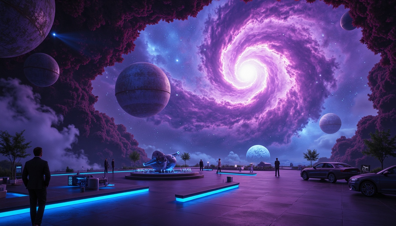 Prompt: Cosmic planetarium, swirling nebulae, starry night sky, vibrant purple and blue hues, expressionist brushstrokes, bold light beams, dramatic shadows, glowing orbs, luminescent clouds, mystical ambiance, celestial bodies, stylized astronomy instruments, futuristic technology, neon-lit corridors, atmospheric fog, soft focus, shallow depth of field, 1/2 composition, warm color grading, cinematic lighting, high contrast ratio.